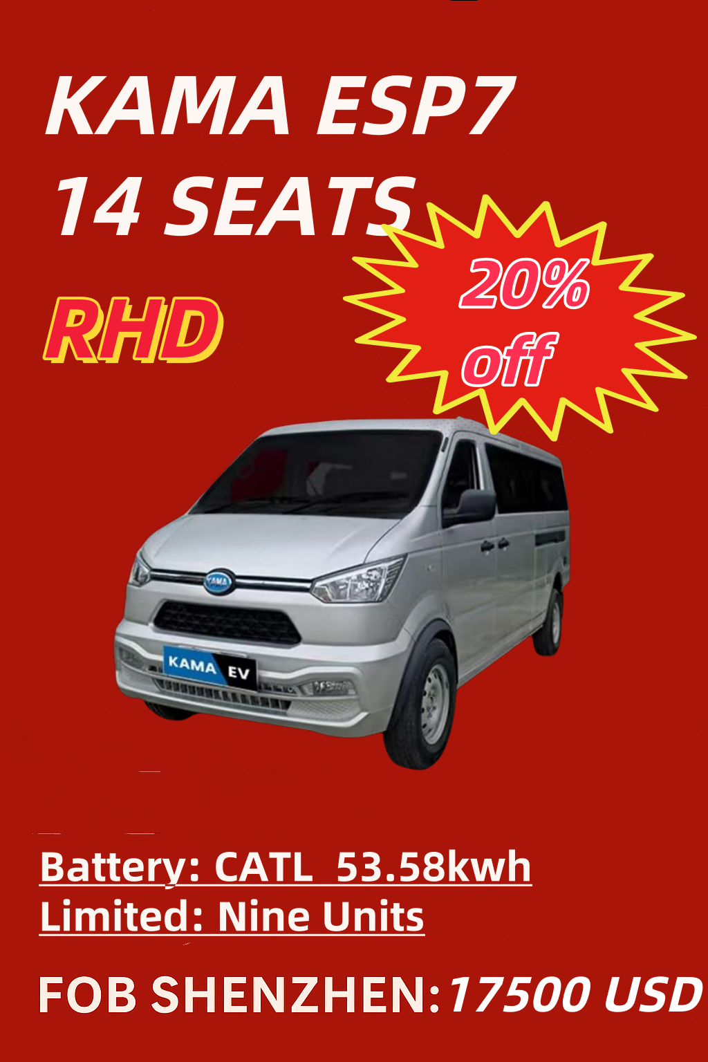 KAMA ESP7 14-Seater Electric Minibus - Affordable RHD Commercial EV for Global Markets