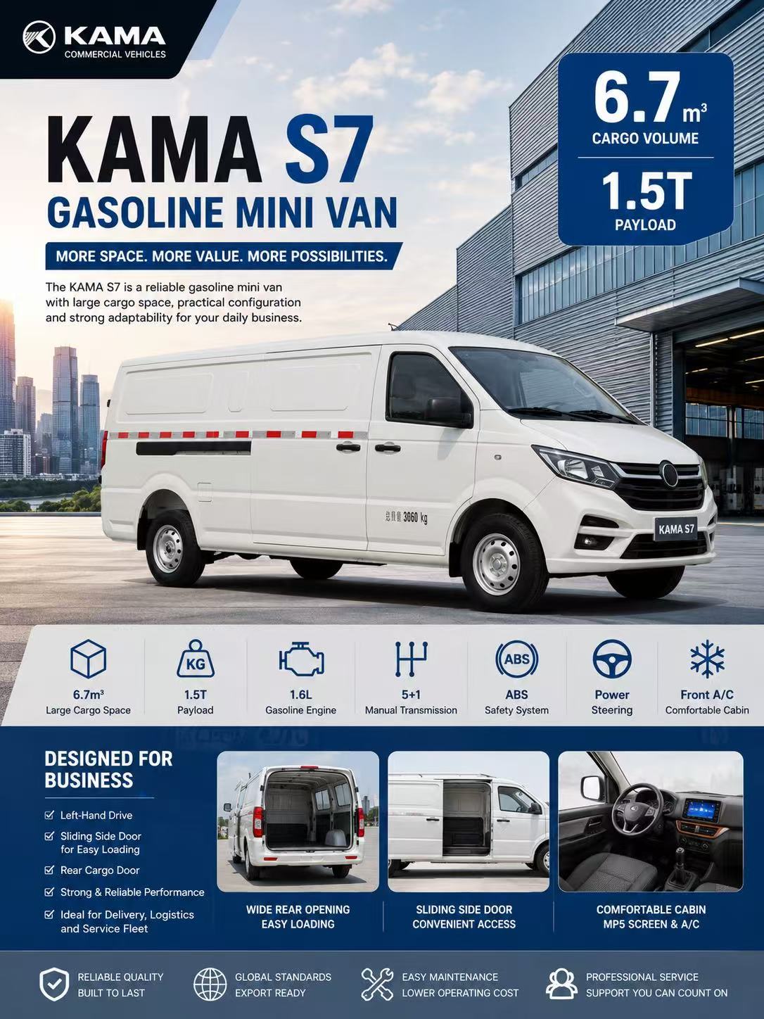 KAMA S7 Gasoline Mini Van | LHD 6.7m³ Cargo Van for Commercial Delivery