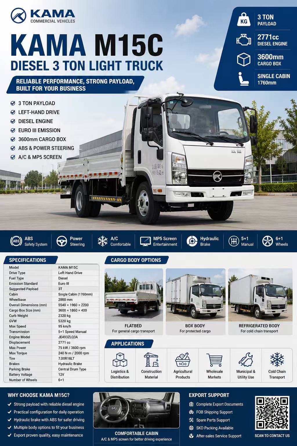 KAMA M15C Diesel 3 Ton Light Truck | LHD Cargo Truck for Export