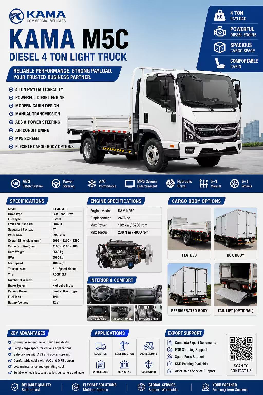 KAMA M3 Light Truck Series | Diesel, Gasoline & CNG Cargo Truck for Export
