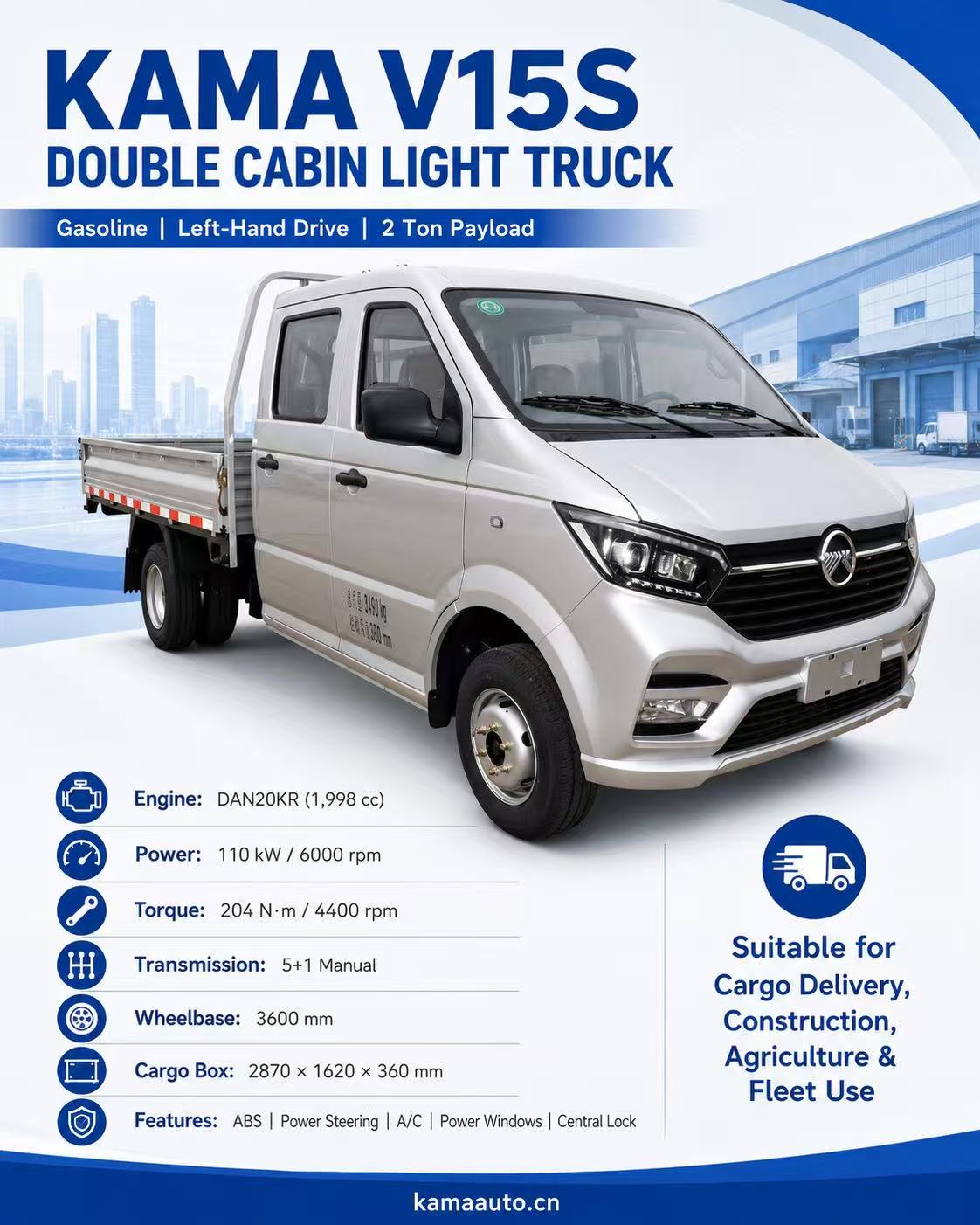 KAMA V-Series Double Cabin Gasoline Light Truck | 1.5–2 Ton LHD Commercial Truck
